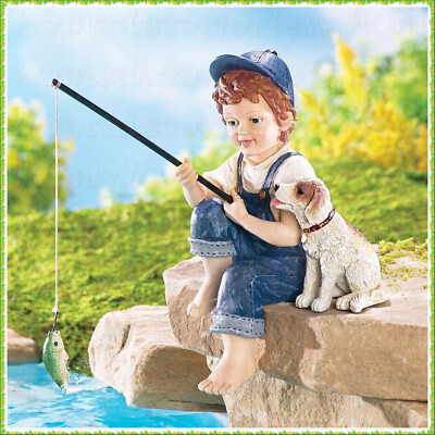 Boy Fishing Statue Puppy Dog Garden Lawn Sculpture Outdoor Figurine Pond Accent