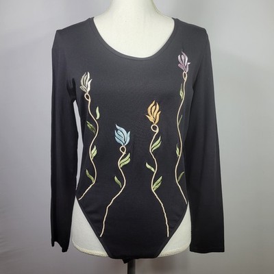 Vtg Cache Womens Bodysuit  Black Scoop Neck Long Sleeves Sz L Embroidered Floral