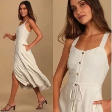 Lulus See The City Beige Button-Front Tiered Midi Dress Size XS