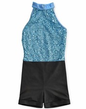   Weissman Teal Sequin Dance Costume Halter Romper Child Medium
