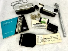 Minox B Subminiature Camera, Case & Chain, Flash Module Manuals, Film, Bulbs Spy