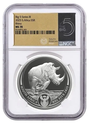 2025 South Africa 1 oz Silver Big 5 III Rhino BU NGC MS70 - Image 1 of 4