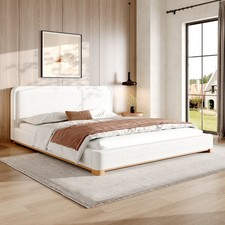 California King Boucle Upholstered Bed Frame with Headboard & Solid Wood Legs