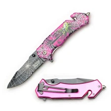 Dark Fantasy Blades 4.5" Pink Spring Assist Knife Serrated Edge W/ Pocket Clip 