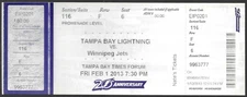 Tampa Bay Lightning vs Winnipeg Jets February 1 2013 ticket stub