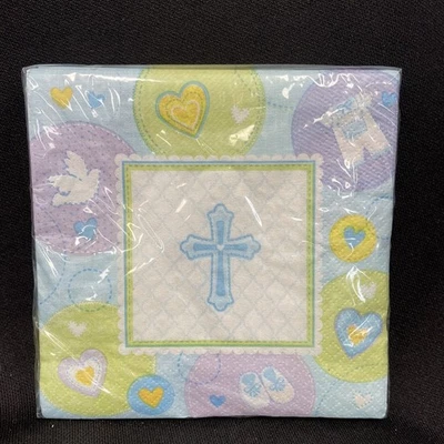 Sweet Christening BLUE Communion Baptism Boy Baby Shower Beverage Napkins 16Ct - Image 1 of 2