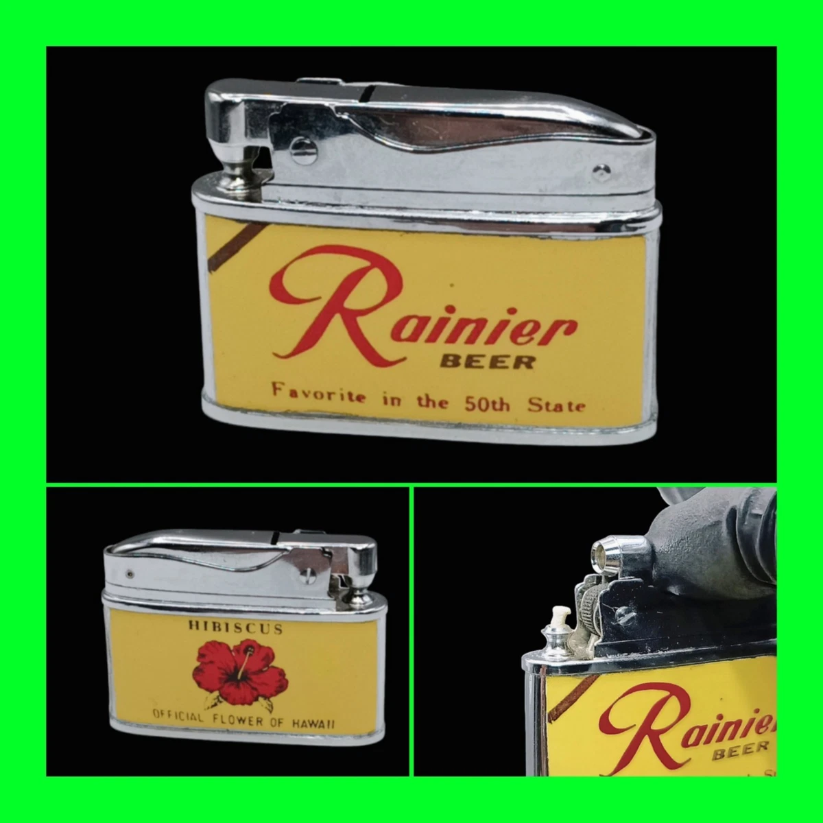 Vintage Rainier Beer Hawaiian Promo UNFIRED Flat Ad Petrol Cigarette  Lighter
