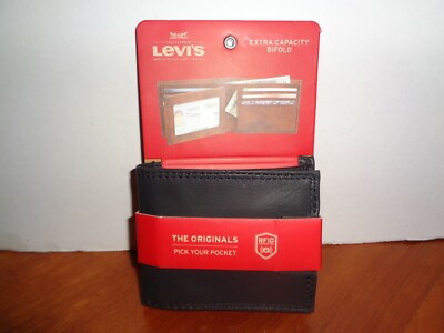 Levi's Mens Genuine Leather Bifold Extra Capacity Wallet 9 Slots ID Window Black
