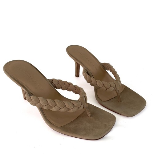 $295 Veronica Beard Marissa Heel Sandal 7M Suede Square Thong Toe Braided Strap - Picture 2 of 14