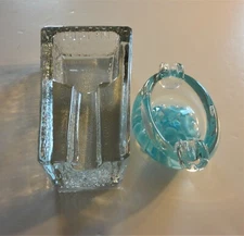 2 Modern Glass Ashtray Blown Murano Blue Trumpet Flowers & Textured Cigar Coffin