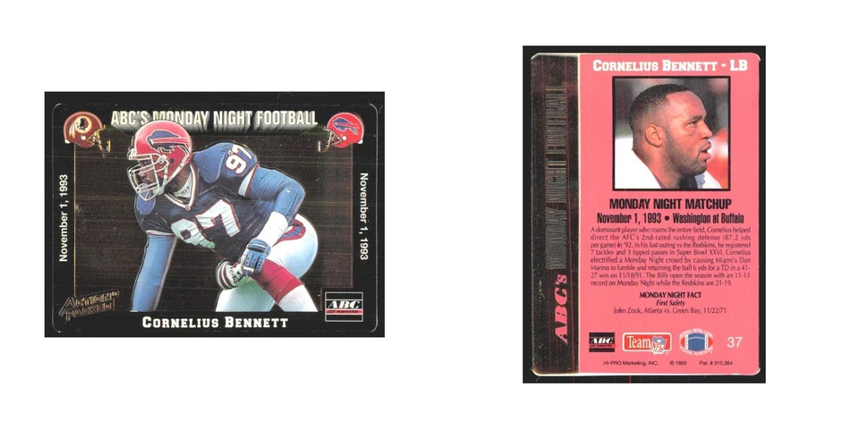 1993 Action Packed Cornelius Bennett Bills #37 - Image 3 of 3