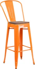 30" Industrial Style Orange Metal Bar Height Restaurant Stool with Wood Seat