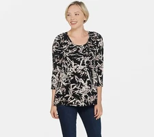 H by Halston Bamboo Printed Scoop Neck 3/4 Sleeves Top - More Colors a311445 