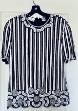 Laurence Kazar 100  Silk Vintage Beaded Sequin Top M 80's Navy Blue White