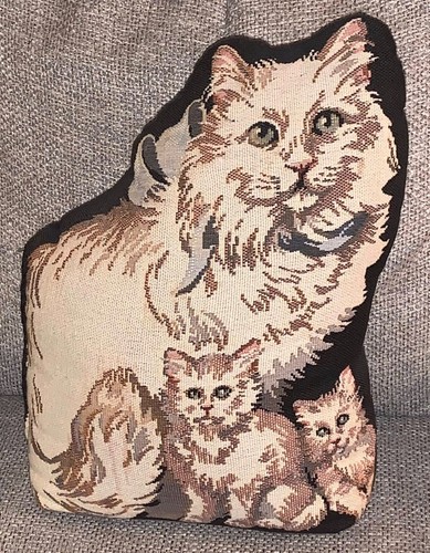 VTG Tapestry Cat Needlepoint Weighted Pillow Mother Cat and Kittens (12” tall)