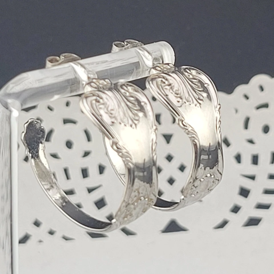 Scarce Vintage Wells Sterling Silver Spoon Hoop Pierced Earrings 1" - Image 3 of 4