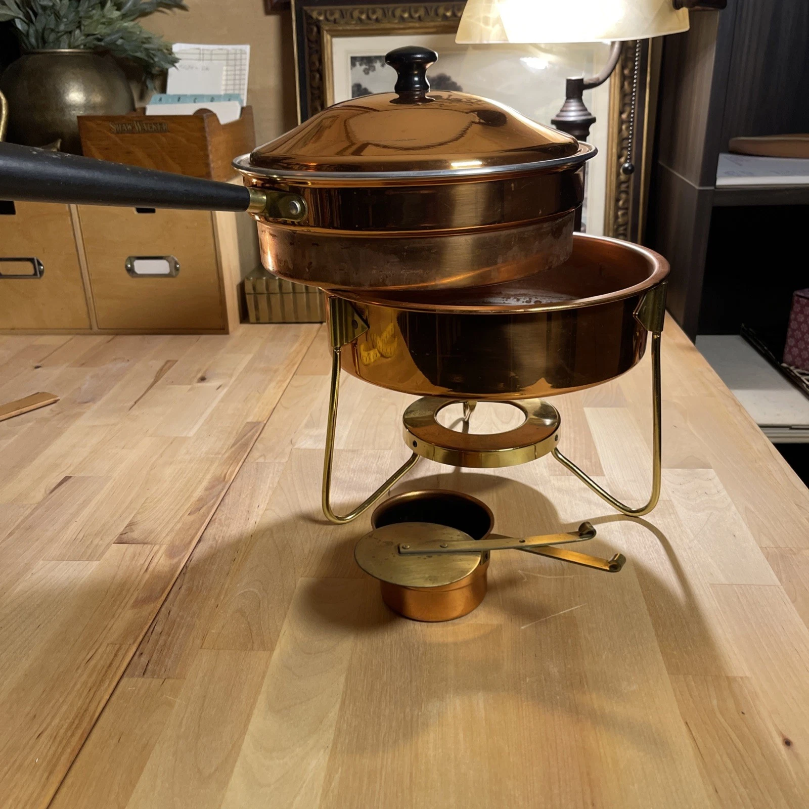 Vintage Copper Fondue Pot Set Removable Wooden Handle/ Stand & Burner MCM
Opens in a new window or t