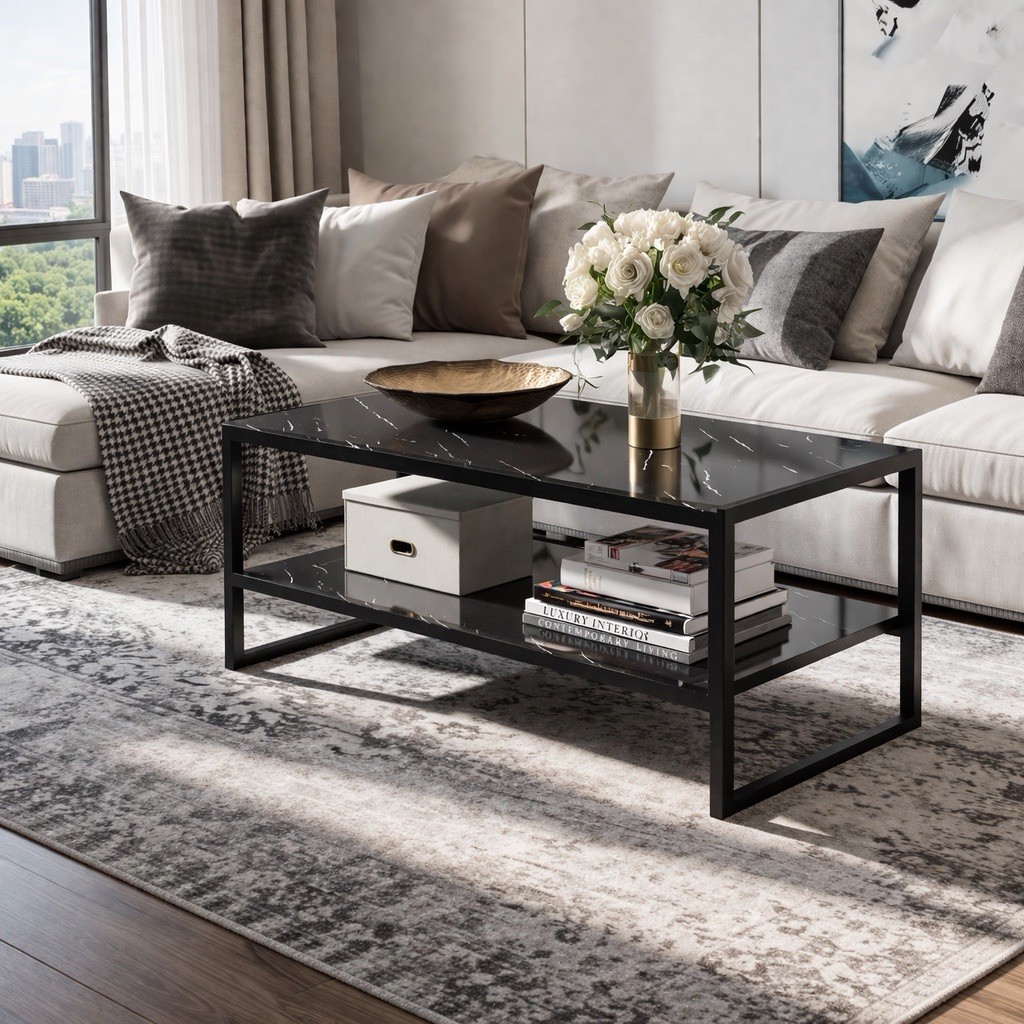 Table basse marbre noir design avec étagère salon moderne de 100x50 cm