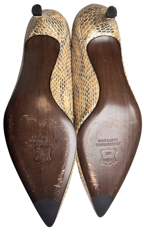 Stuart Weitzman Piel de Serpiente Gatito Tacón Talla 10 Gris Tostado Cuero Punta Lujo Foto 3 de 4