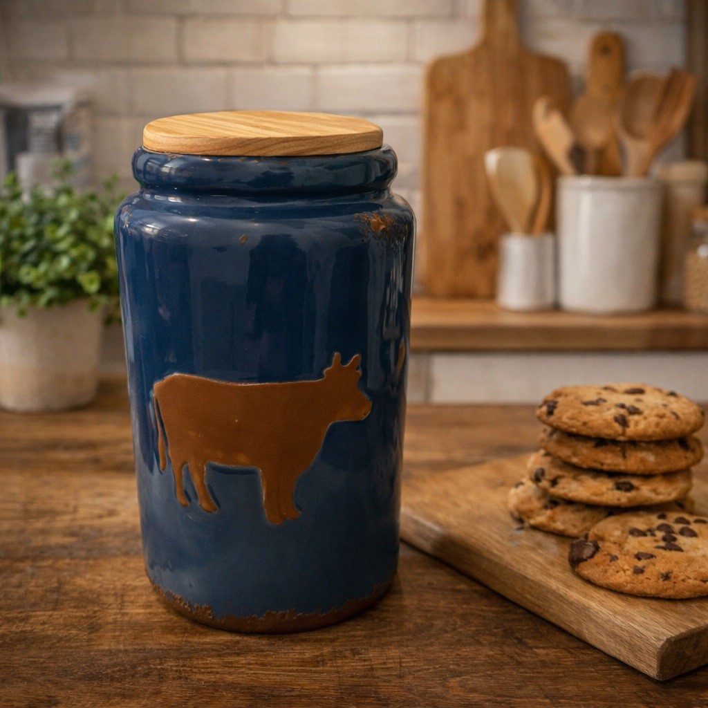 Farmhouse Blue Ceramic Cookie Jar Cow Motif Wood Lid Rustic Kitchen Canister