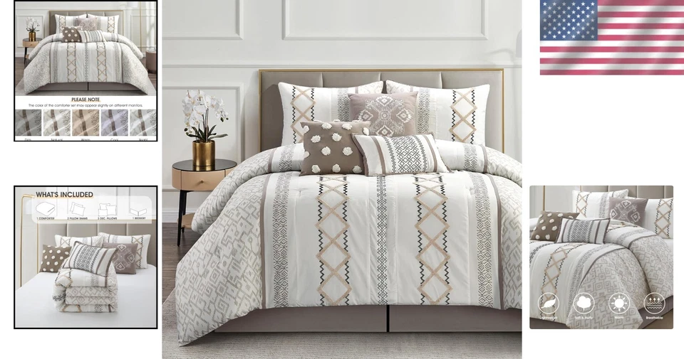 Elegante Juego de Edredón Taupe King con Bordado Geométrico Foto 2 de 4