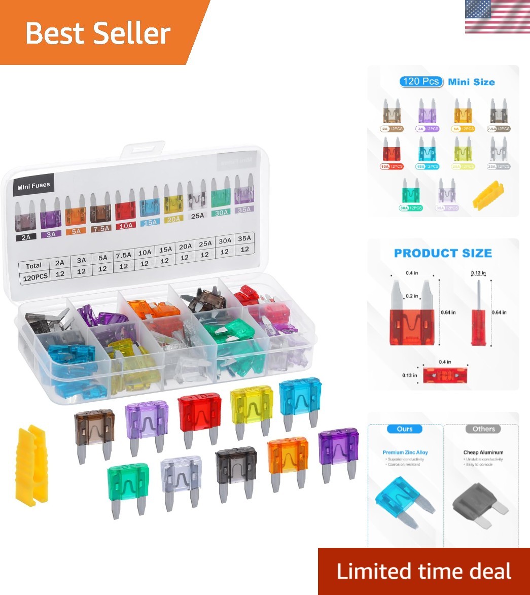 120 Mini Fuse Assortment with Fuse Puller - Ideal for Cars, RVs, and Motorcycles