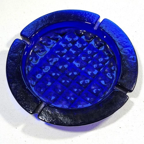 Blenko Cobalt Blue Glass Waffle Pattern Ashtray 11 Inch Heavy