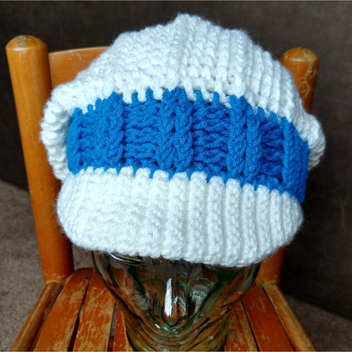 White Slouchy Hat with a Brim blue band crochet handmade OSFM ready to ship - Picture 3 of 10