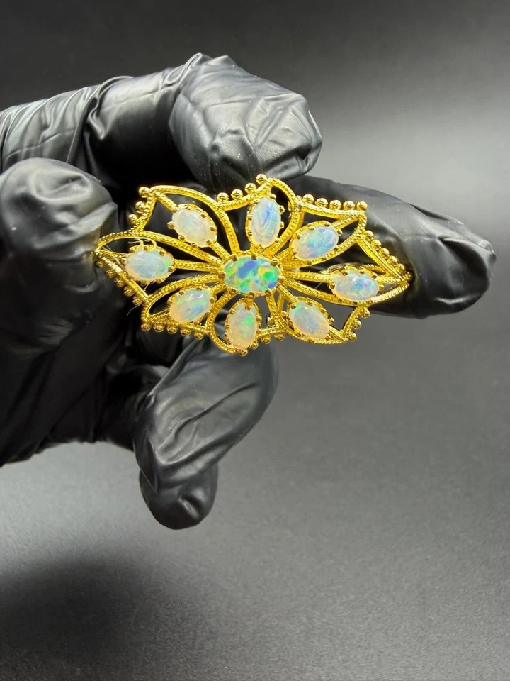 Подлинная антикварная винтажная брошь на булавке из огненного опала овальной огранки 14 карат с покрытием из желтого золота 3 карата - Изображение 3 из 4