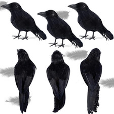 6 Pack Halloween Black Feathered Crows, Realistic Halloween Birds Decoration