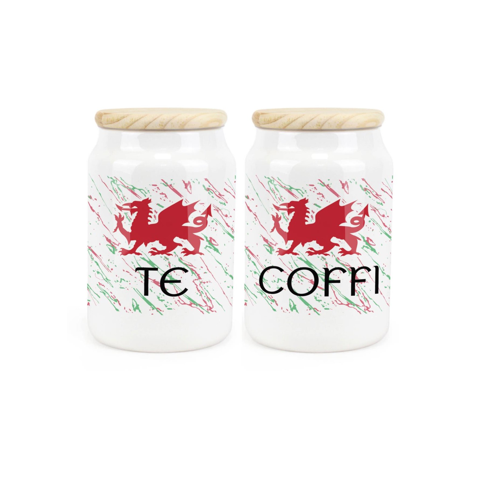 Ceramic Tapered Welsh Dragon Te & Coffi Canisters - Tea & Coffee Containers
