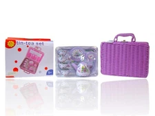 15-Pcs Tin Tea Set w/ Storage Basket Pink Bows Girl Pretend Play Gift Delton New