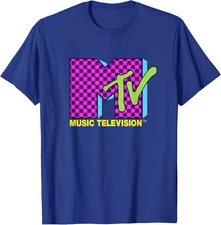 MTV Music Television Retro 80's Neon Pink Checkerboard Logo T-Shirt