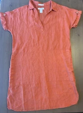 H By Halston Orange Linen Lightweight Fall Collared V-neck Pocket Shirt Dress XS