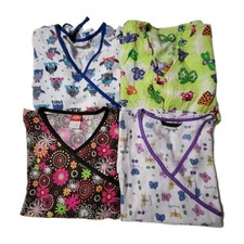 Medical Scrub Tops Women's VARIOUS Colors BUNDLE OF 4 Owl Butterfly Bee Floral