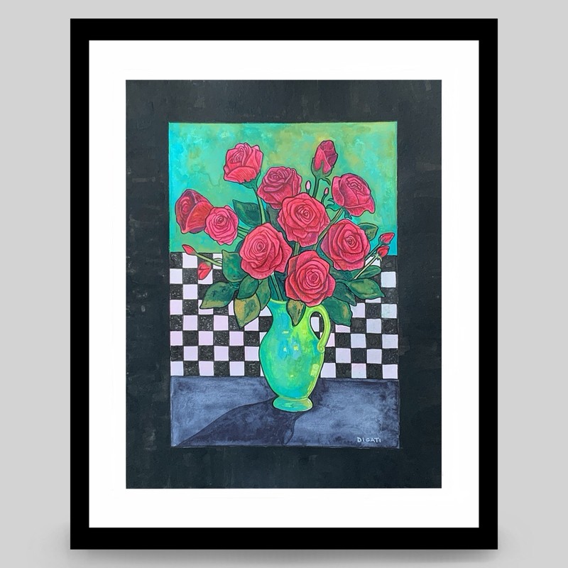 Original Fine Art Pink Roses Green Vase Checkerboard Watercolor Unframed 11x14