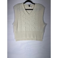 HM Divided Cable Crop Knit V-Neck Sweater Vest Women M Cream Side Slit Oversize