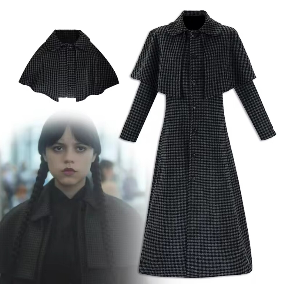 Wednesday S2 Cosplay Costume Adult Overcoat Checkered Long Coat