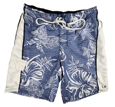 Op Mens Medium 32-34 Blue  White Floral Design Board Swim Trunks Elastic