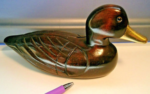 Dark Wooden Duck-Decorative Made Figure-Unique Duck Decor-9 1/2"-w/Brass Bill