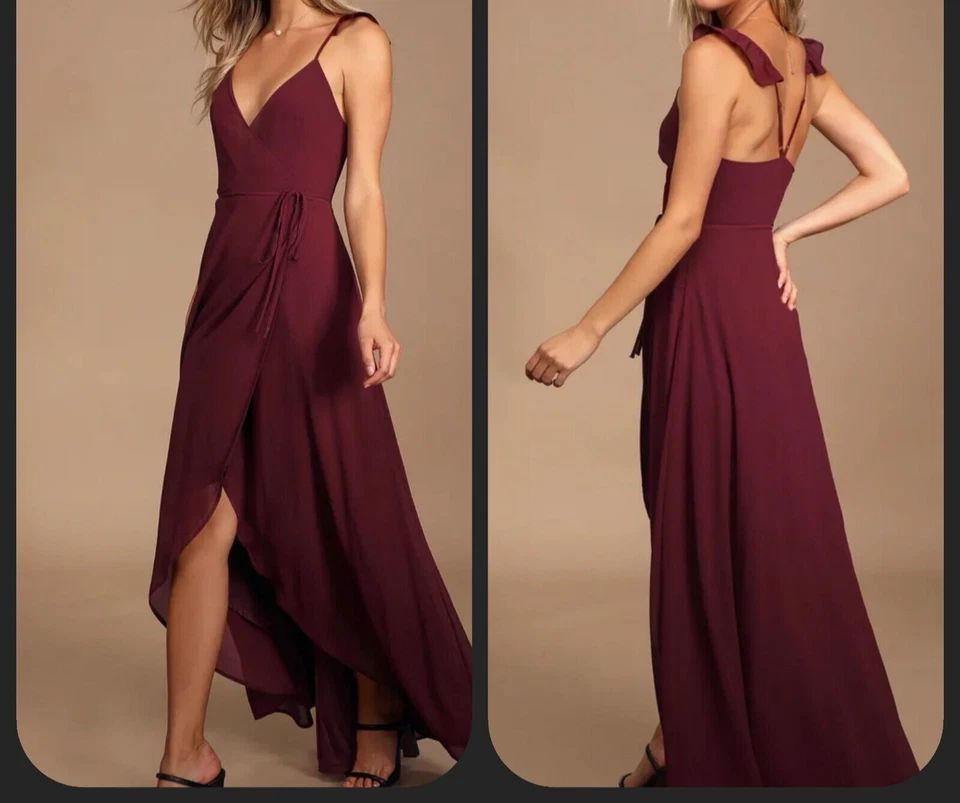 Vestido LULUS Here's to Us Borgoña Alto Bajo Envolvente Talla XS**Correas con Volantes**NUEVO SIN ETIQUETAS** Foto 3 de 4