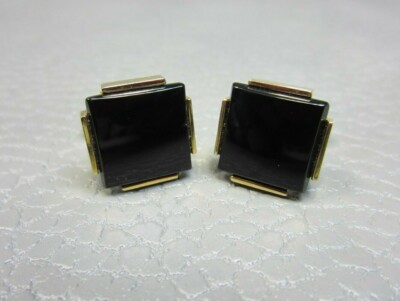 Contemporary Square Cut Corner Border Onyx Yellow Gold Plated Cufflinks 