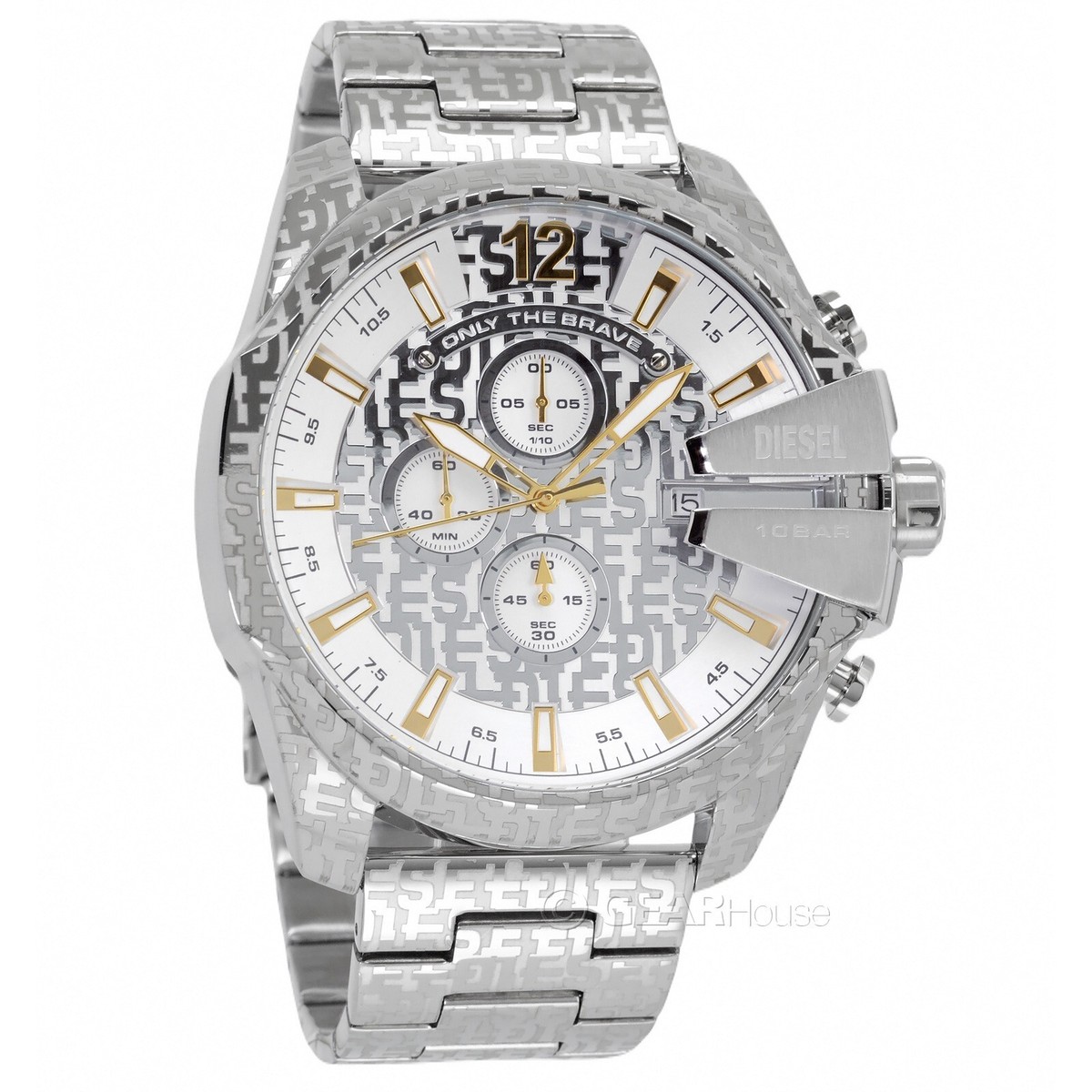 DIESEL Mega Chief Mens Chronograph Watch Silver Gold Etched
