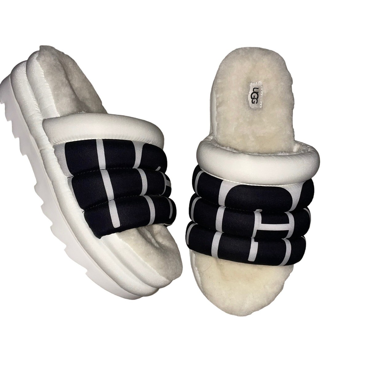 UGG Treadlite White Chunky Platform Slides Large UGG Spellout Woman's Size  10