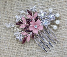 Silver tone pink hair comb bridal wedding rhinestone hair accessories ha05084