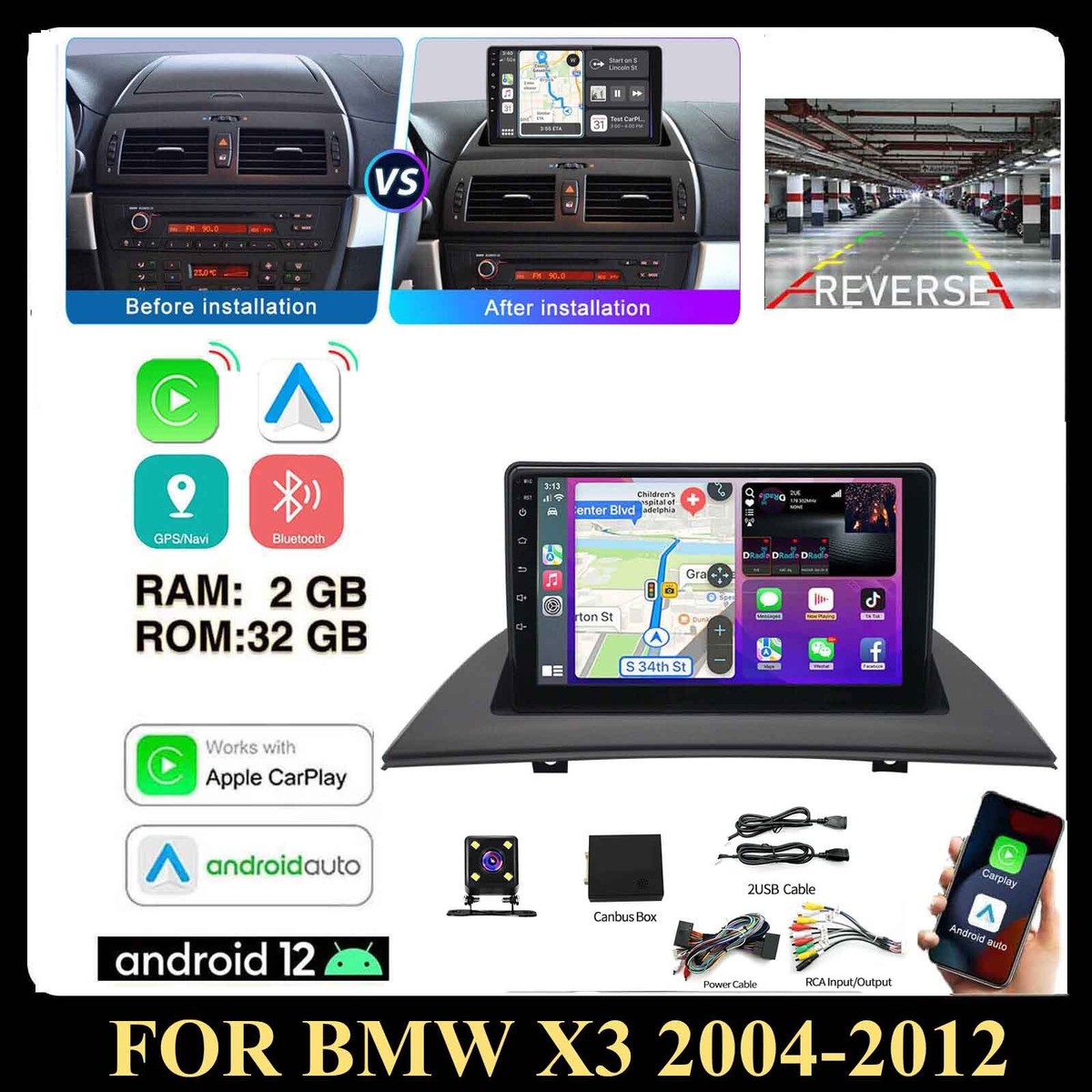 For BMW X3 2004-2012 Apple CarPlay Android 12 Car Stereo Radio GPS