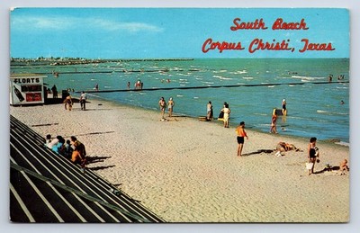 VTG Postcard Corpus Christi TX South Beach Coca Cola Sign Swimming Ocean Z6