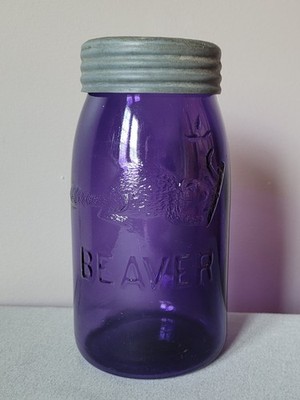 Antique quart size BEAVER deep purple fruit canning jar