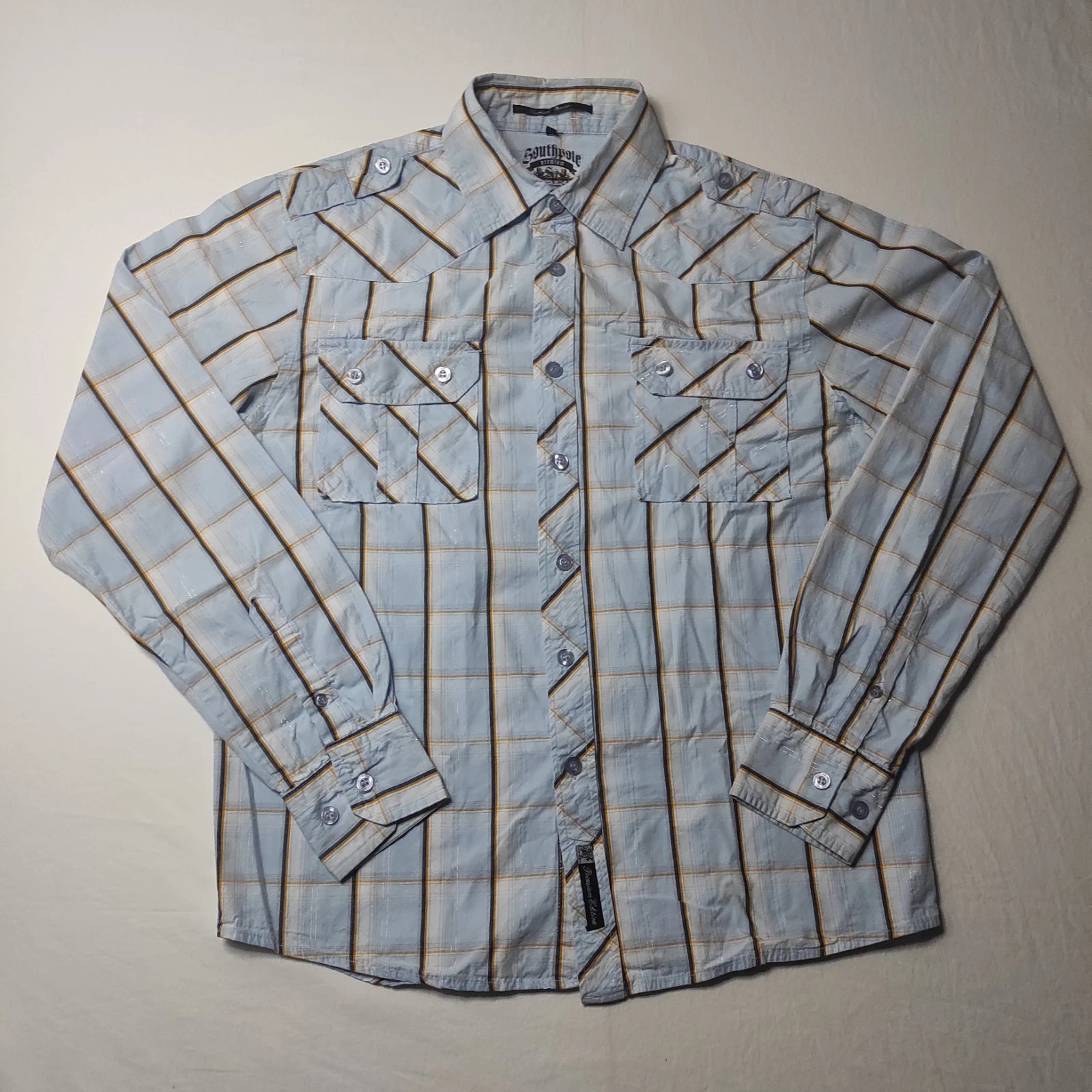 South Polo Premium Mens M Blue Button Up Shirt Long Sleeve 100% Cotton Silver...
