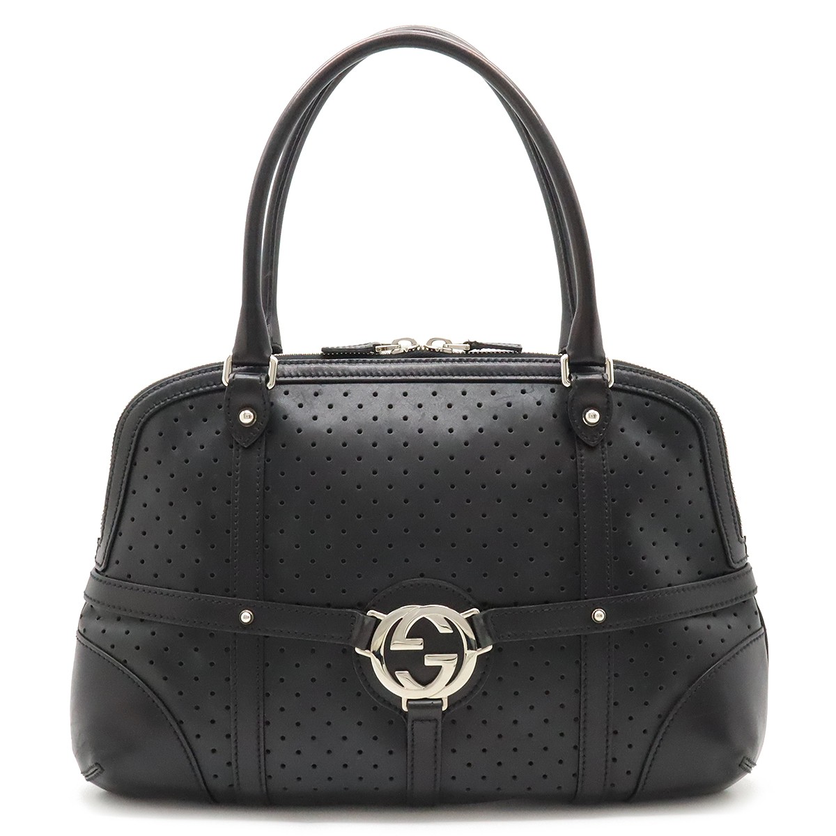 GUCCI Interlocking G Black Leather Shoulder Bag with Punching Detail